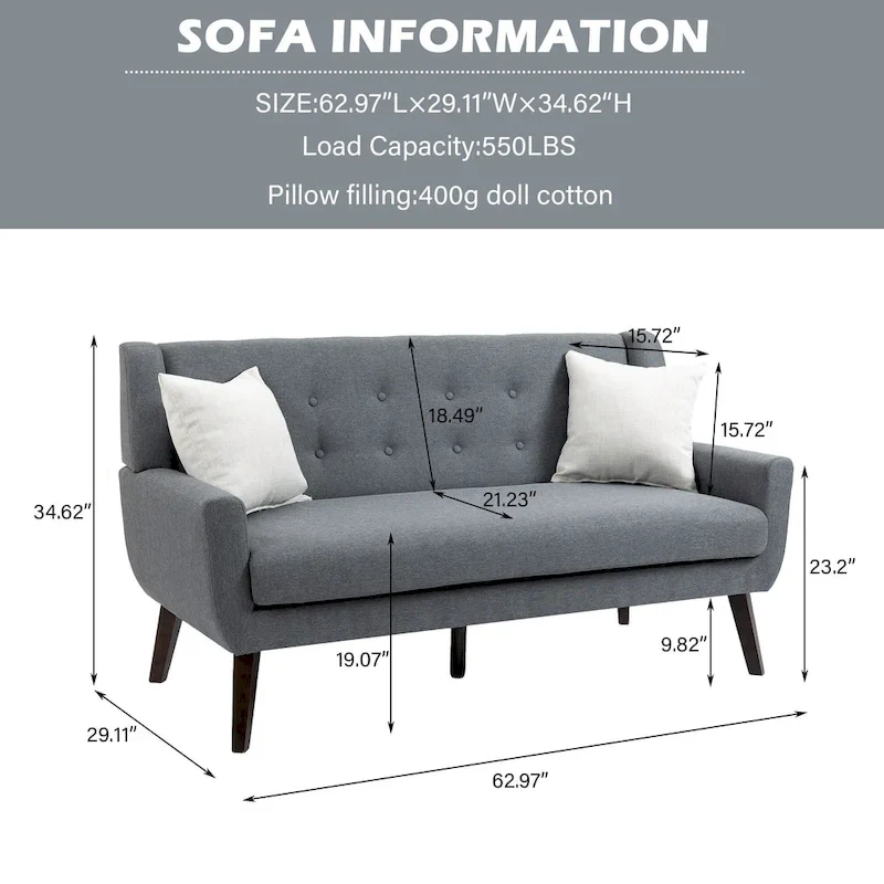 Tufted Linen/Cotton 2-Seater Sofa with Pillows