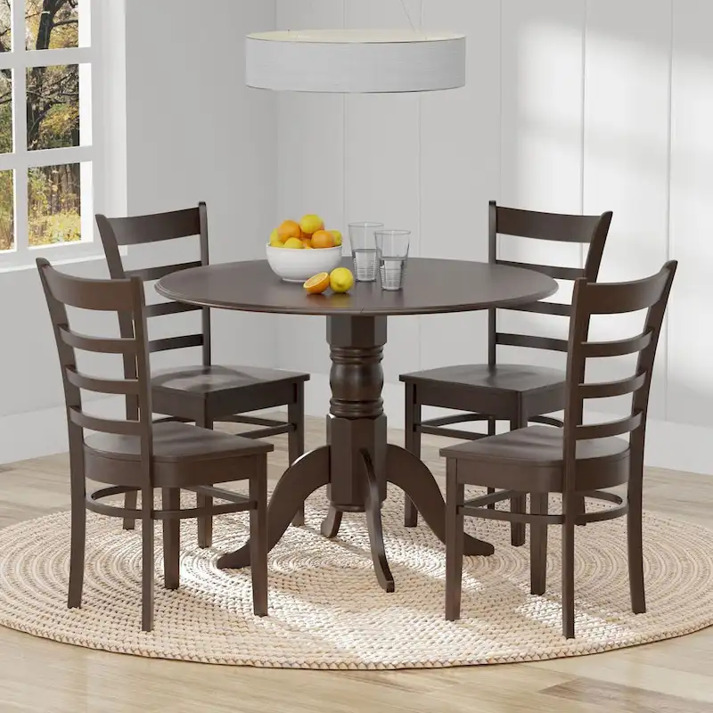 5-Piece Dining Set, 42 Round Drop-Leaf Table and Slat Back Chairs