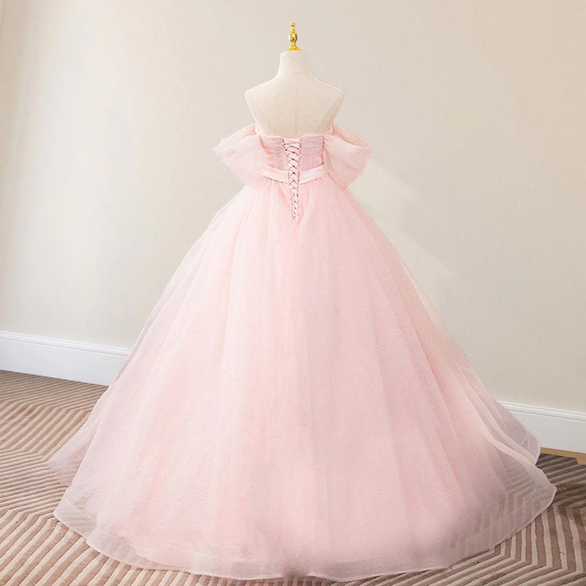 Pink A Line Tulle Off The Shoulder Floor-Length Quinceanera Dresses with Sashes