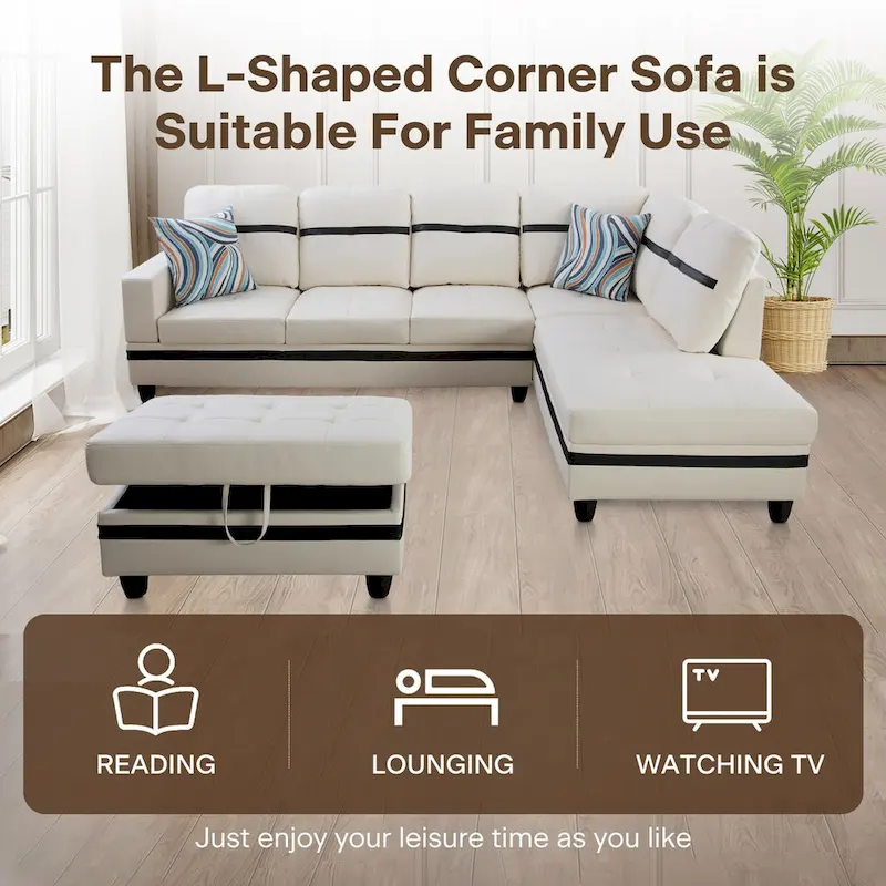 L-Shape Semi PU Leather Living Room Sofa Set with Ottoman,3-Piece