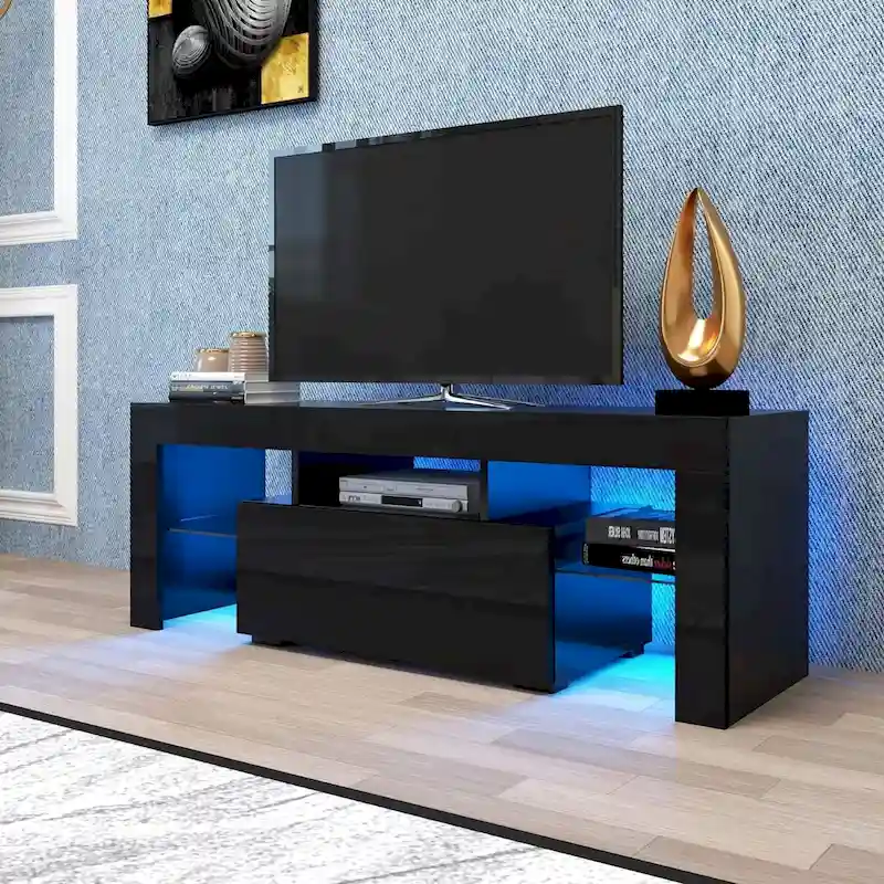 Black / White Modern LED TV Stand with Flip Door & Glass Shelf – Fits up to 55
