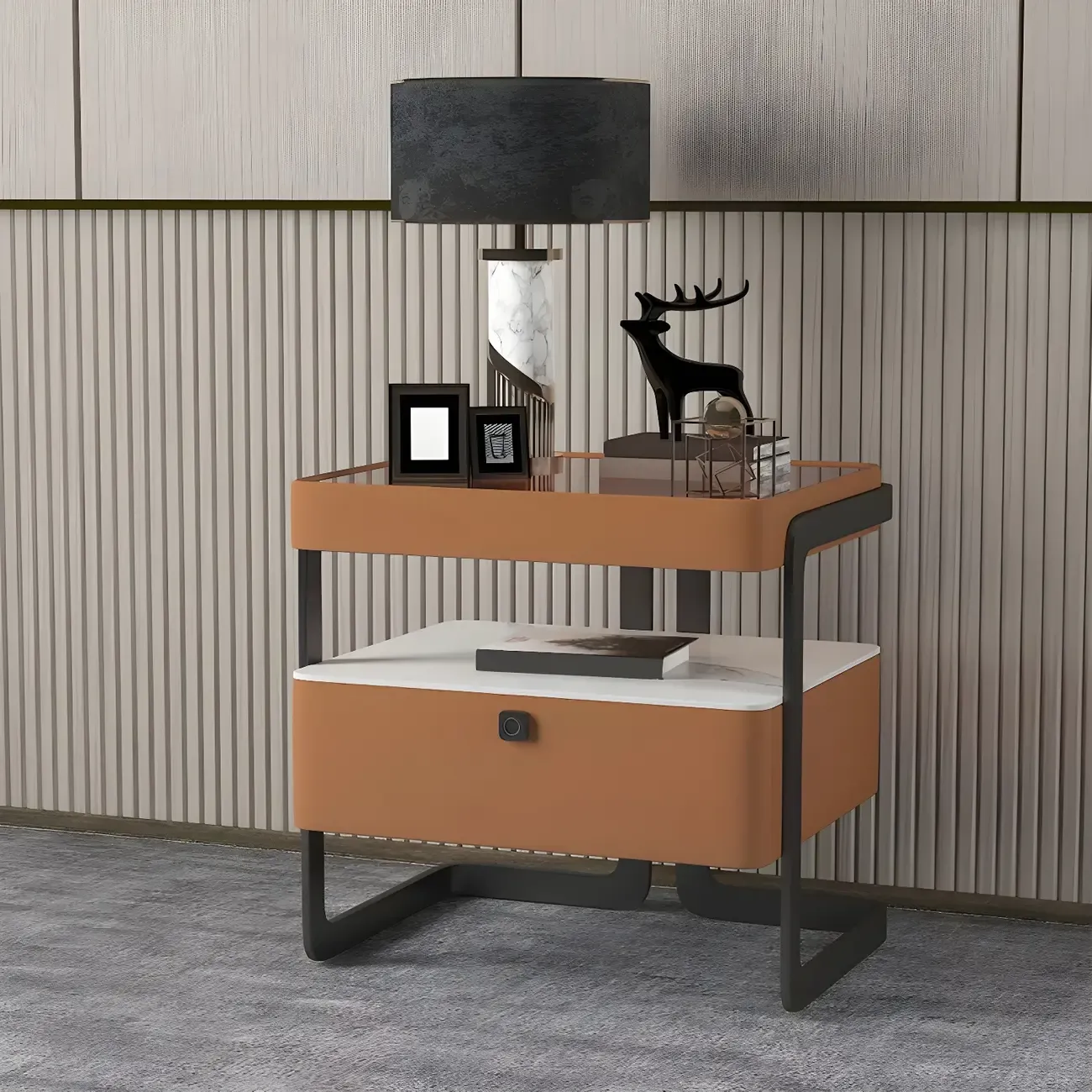 Modern Wood Nightstand with Glass Countertop and Drawer