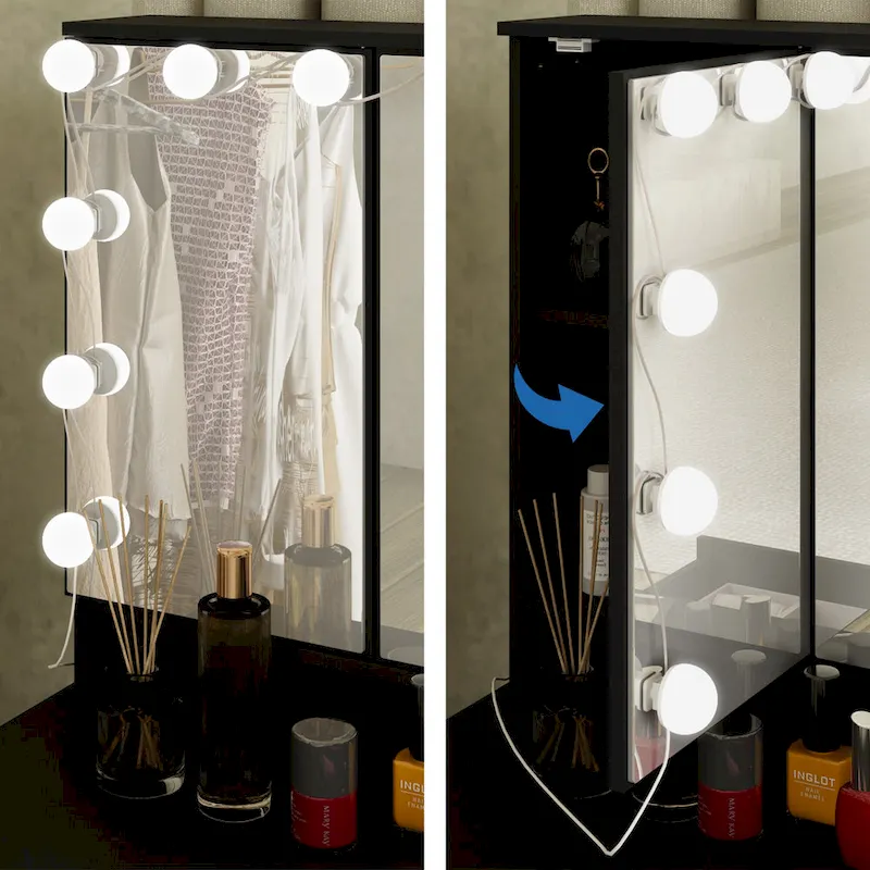White Makeup Vanity - LED Mirror, USB-Powered Lights, Dresser Table