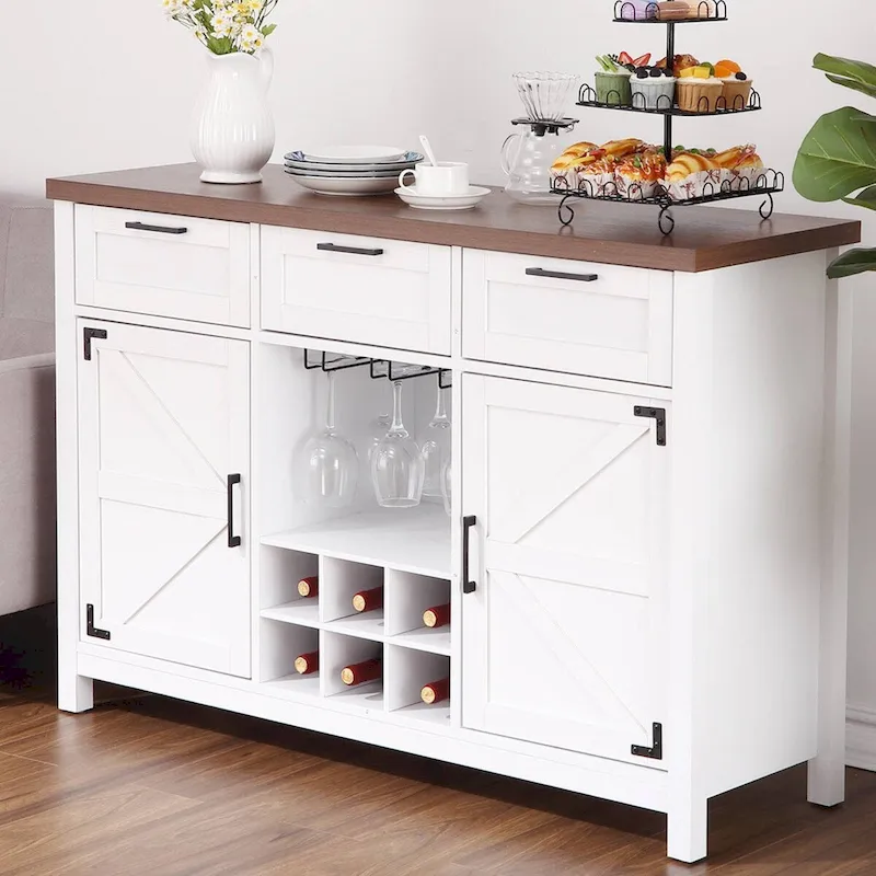 White 3-Drawer Wine Bar Cabinet Sideboard with Cup Rack