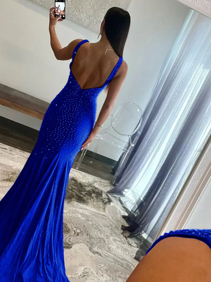 Mermaid Deep V-Neck Beaded Satin Long Prom Dress
