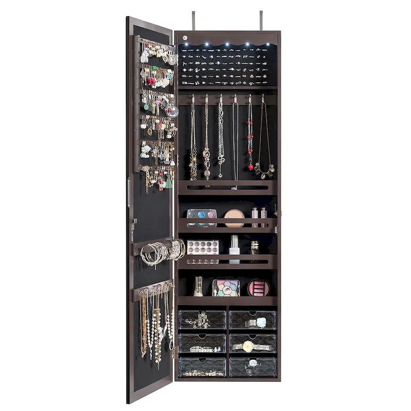 White / Brown Wall & Door Mounted LED Mirror Jewelry Cabinet — 1-Person