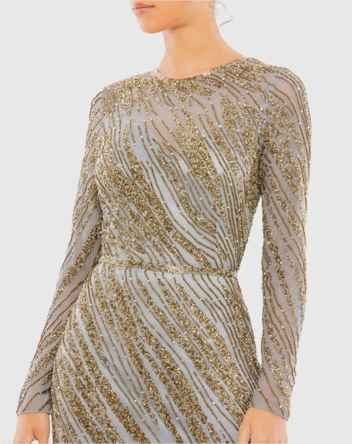 Gold and Blue Long Sleeve Beaded Column Gown