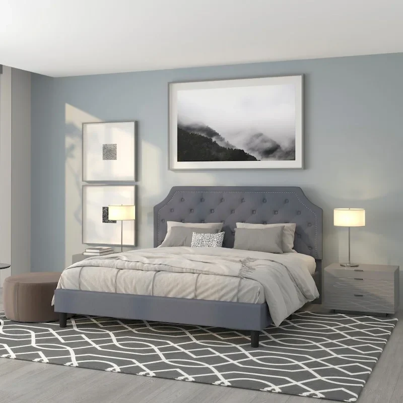 Queen Platform Bed, Arched Panel Headboard, Button-Tufted, Nailhead Trim, 15 Wood Slats, Low Profile, Light Gray / Beige / Dark Gray / Black, 2-Person Use