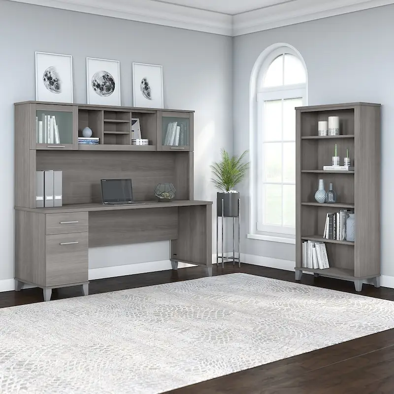 Somerset 72W Office Desk with Hutch and 5 Shelf Bookcase in Ash Gray