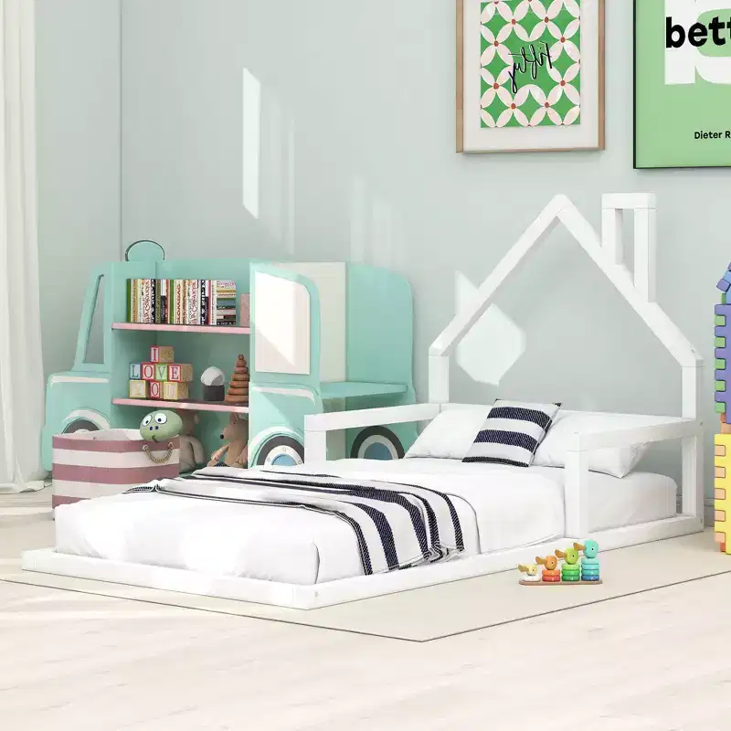 Okak Modern Floor Bed Twin/Full Size Bed Frame with House-Style Headboard, Modern Floor Bed for Toddlers/Kids Bedroom