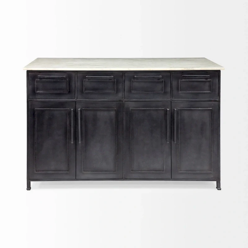 Fieri White Marble Top w/Black Solid Iron Frame Kitchen Island - 58W x 32D x 37H