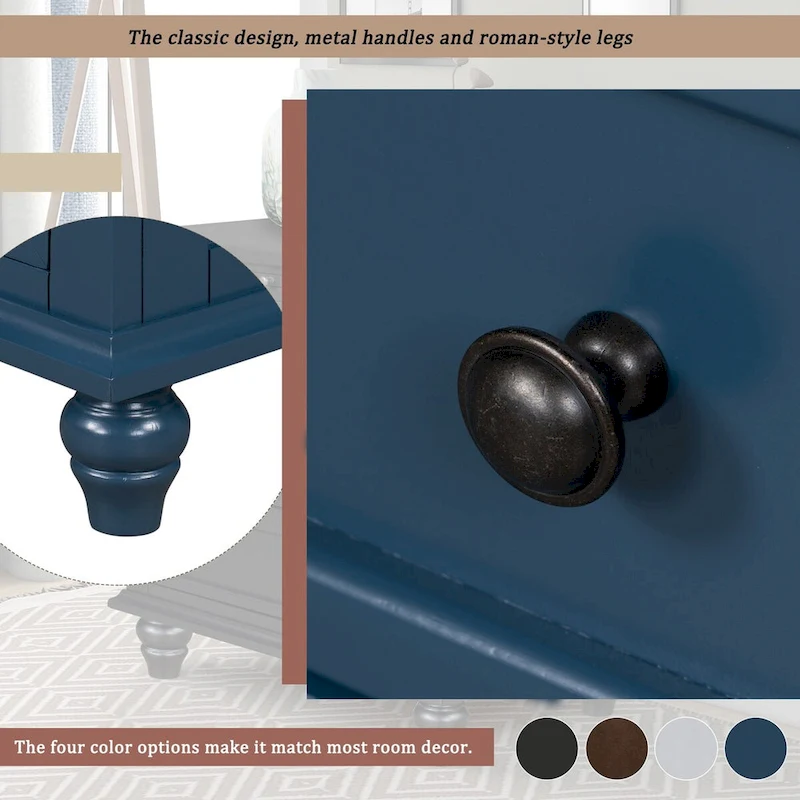 Solid Pine Wood End Table with Pull-out Tray and 3 Drawer, Easy Assembly