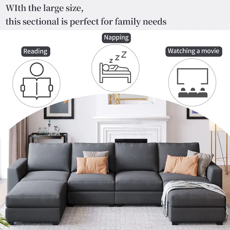 3 Pieces U shaped Sectional Sofa with 2 Removable Ottomans