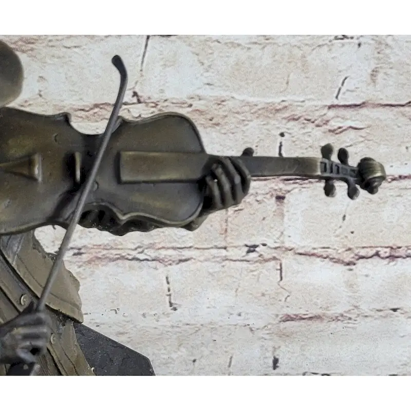Cowboy Playing Violin Fiddle Music Bronze Sculpture Marble Statue Figurine