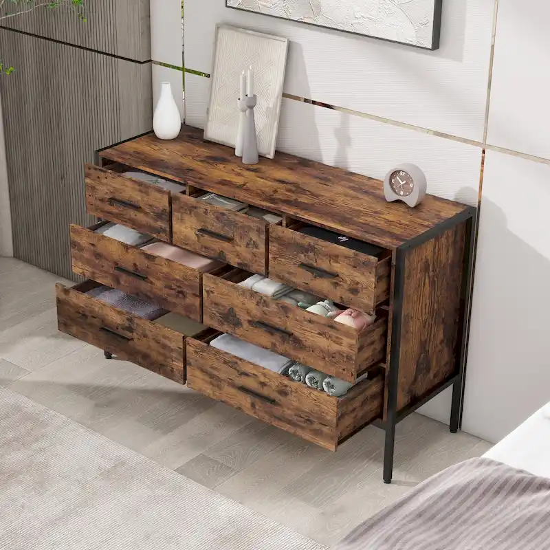 Wood Dresser with 7 Drawers, Wooden Storage Closet for Bedroom, Solid Clothes Cabinet with Sturdy Steel Frame