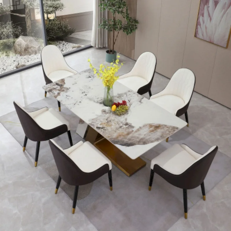 71in Contemporary Gold Marble Dining Table Set with 6 pcs Chairs