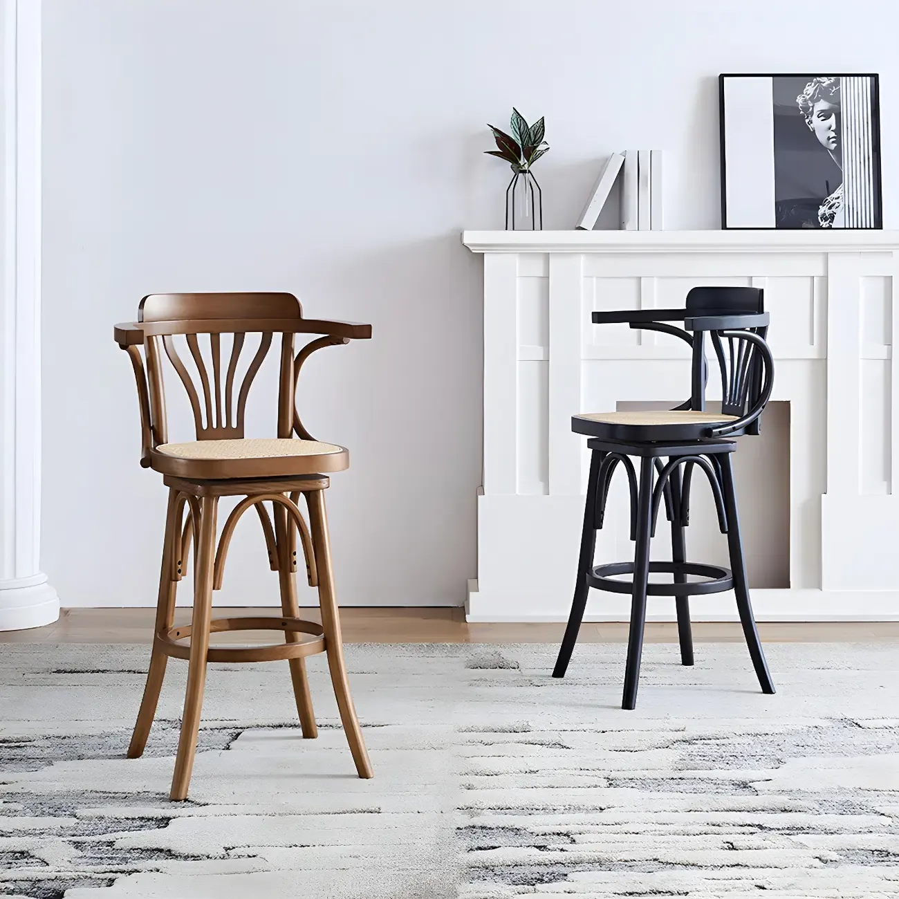 Timeless Square Rattan Wood Low Back Bar Stool in Brown/ Black