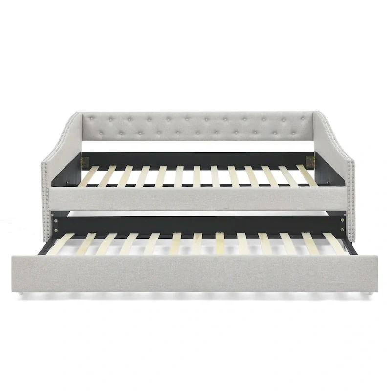 Upholstered Daybed Frame with Trundle & Tufted Backrest