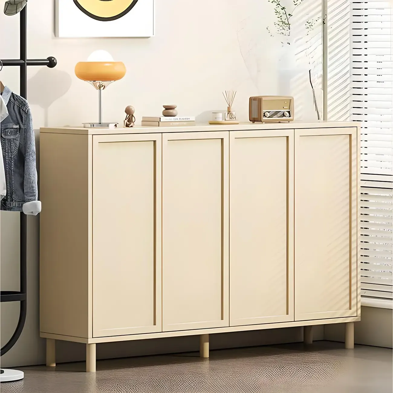 Cream White Wood Shoe Cabinet with Shoe Lattice