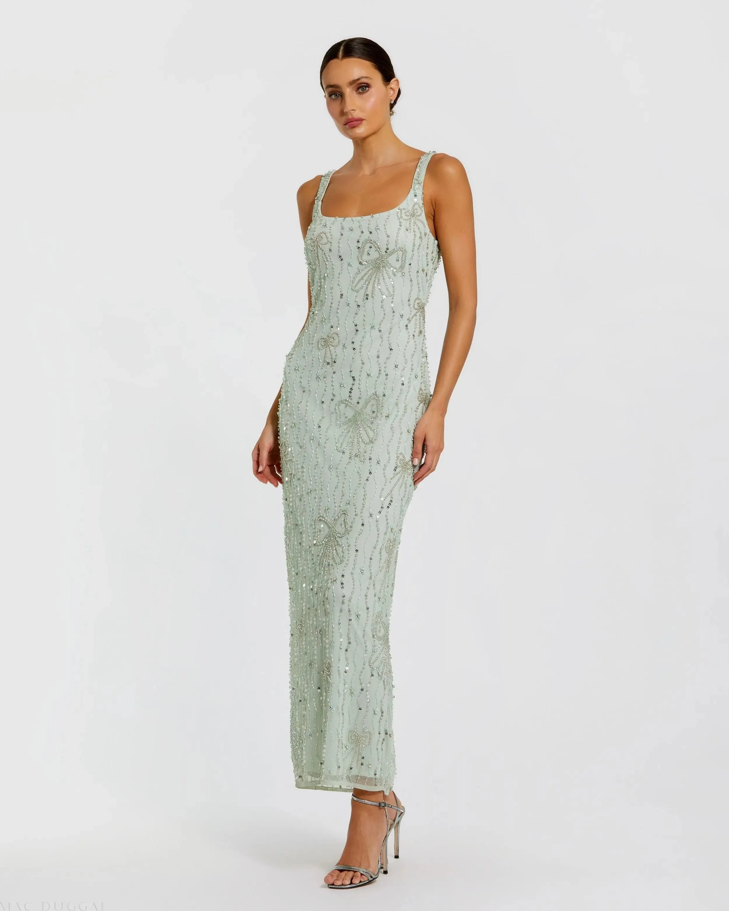 Green Beaded Mesh Scoop Neck Fitted Gown With Bows