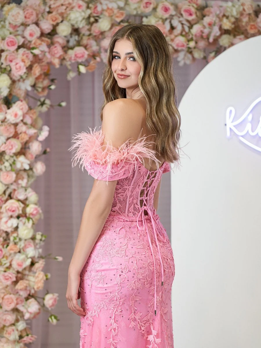 Mermaid Deep V Neck Feather Lace Long Prom Dress