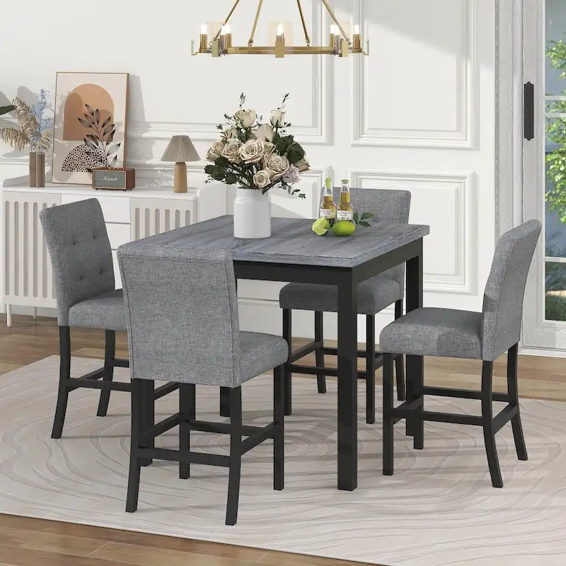 5 Piece Counter Height Dining Set, Wood Dining Table Set with Rectangle Table and 4 Upholstered High Back Chairs