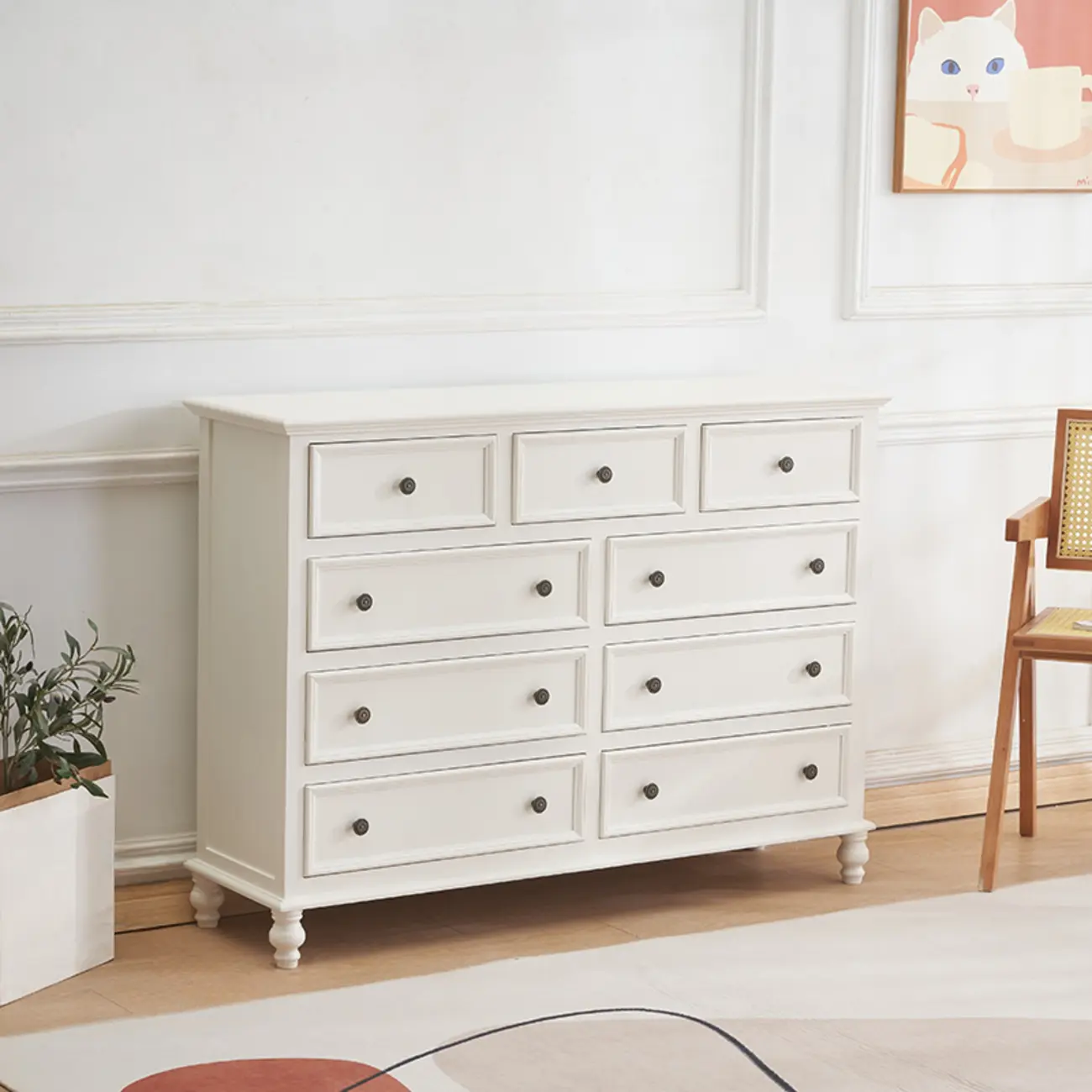 French Square White Wooden 7-Drawer Chest