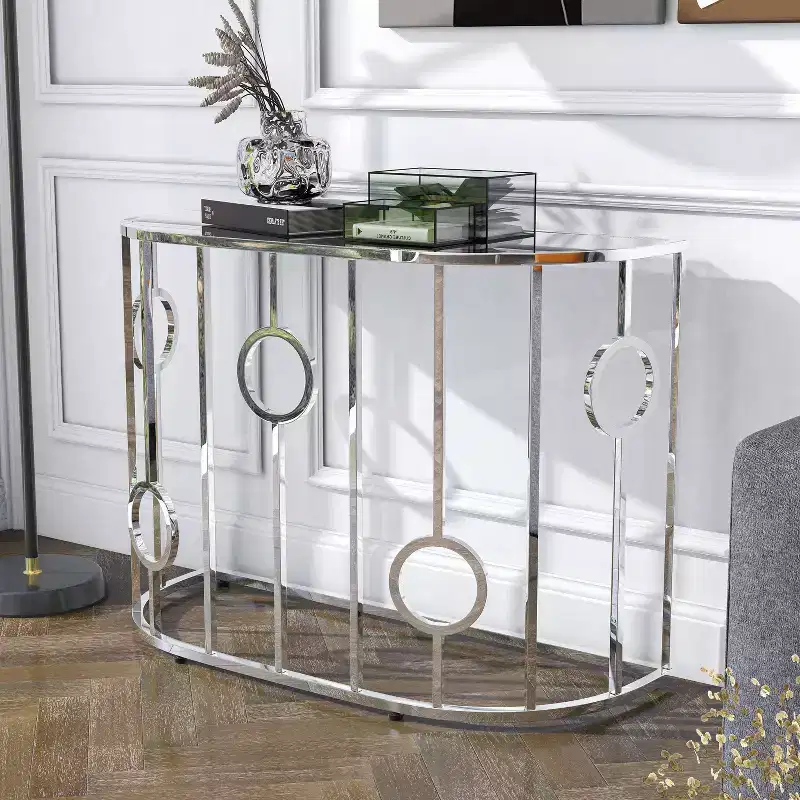 HOMES: Inside + Out Oakmonte Mirrored Semi Circle Sofa Table Chrome: Luxury Glam Style, Tempered Glass Top, Steel Frame