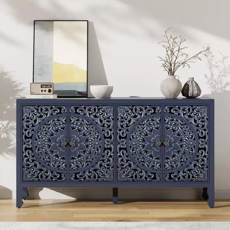 Buffet Cabinet with Storage, Distressed Storage Cabinet with 4 Carved Doors and Adjustable Shelf, Wooden Accent Sideboard Buffet Cabinets