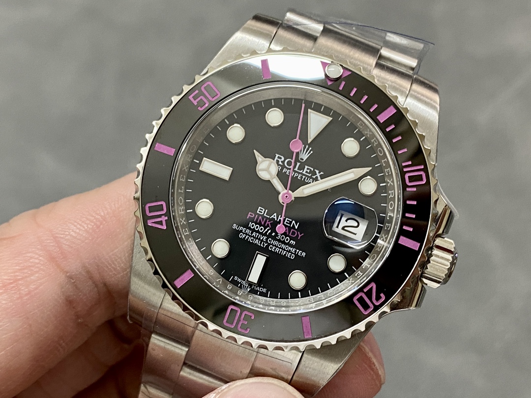 Blaken Pink Lady replica Rolex Submariner close-up with pink markers and black dial