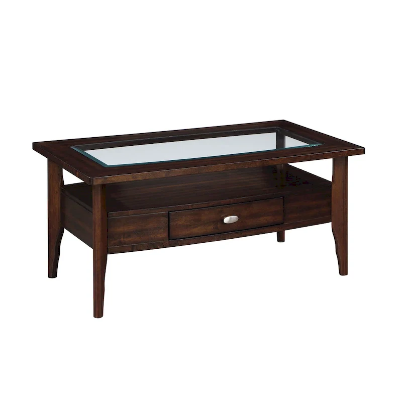 Traditional walnut 44-inch single-drawer glass coffee table