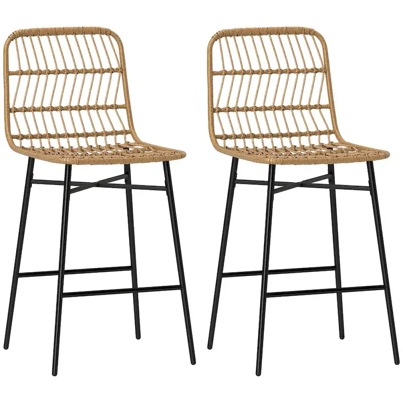 HOMCOM Rattan Counter Height Bar Stools Set of 2, 26 Wicker Barstools with Back, Modern Bar Chairs for Kitchen Island, Black