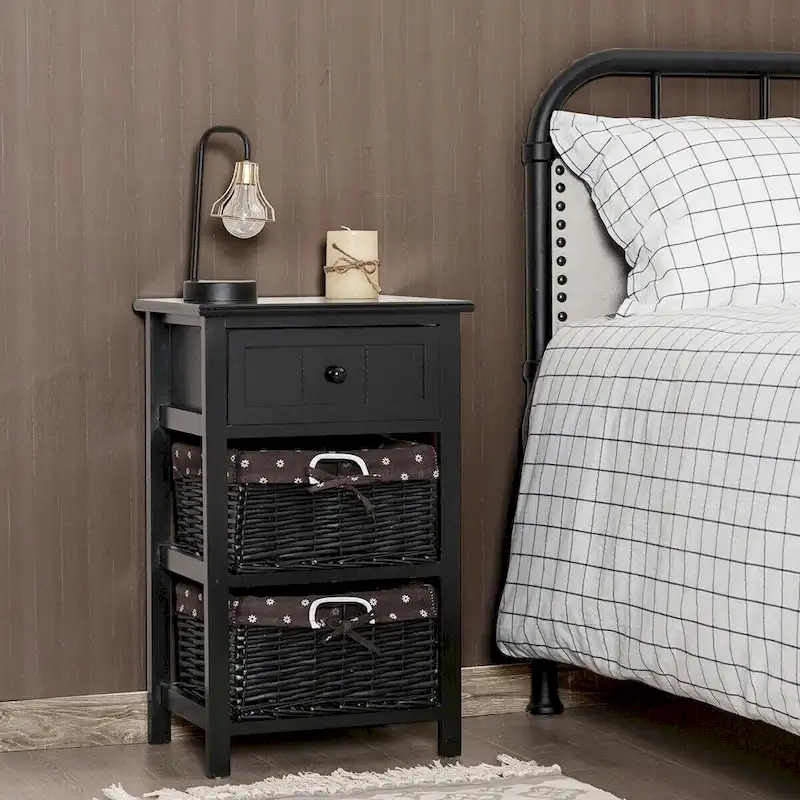 3 Layer Set of 2 Wooden Bedside End Table with 2 Wicker Baskets and 1 Drawer - 16 x 12 x 25(L x W x H)