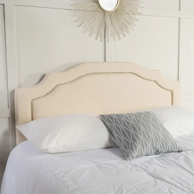 Beige/Light Grey/Ivory Fabric Upholstered Adjustable Full/Queen Headboard with Nailhead Trim