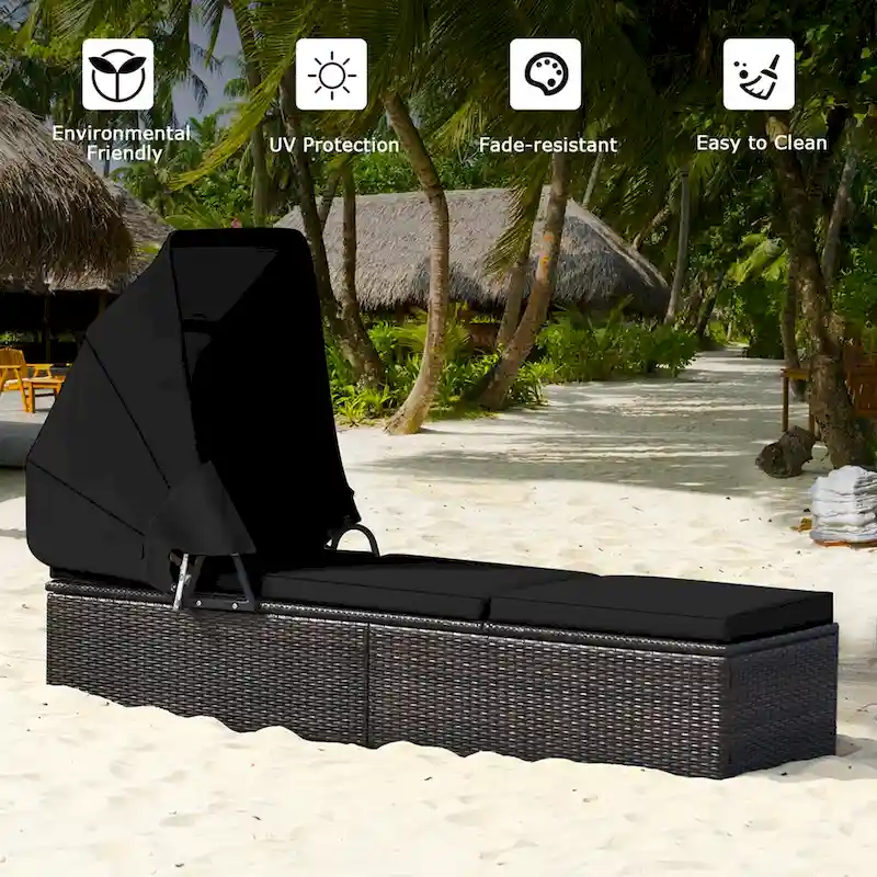 Gymax Rattan Patio Chaise Lounge Chair W/ Adjustable Canopy Black