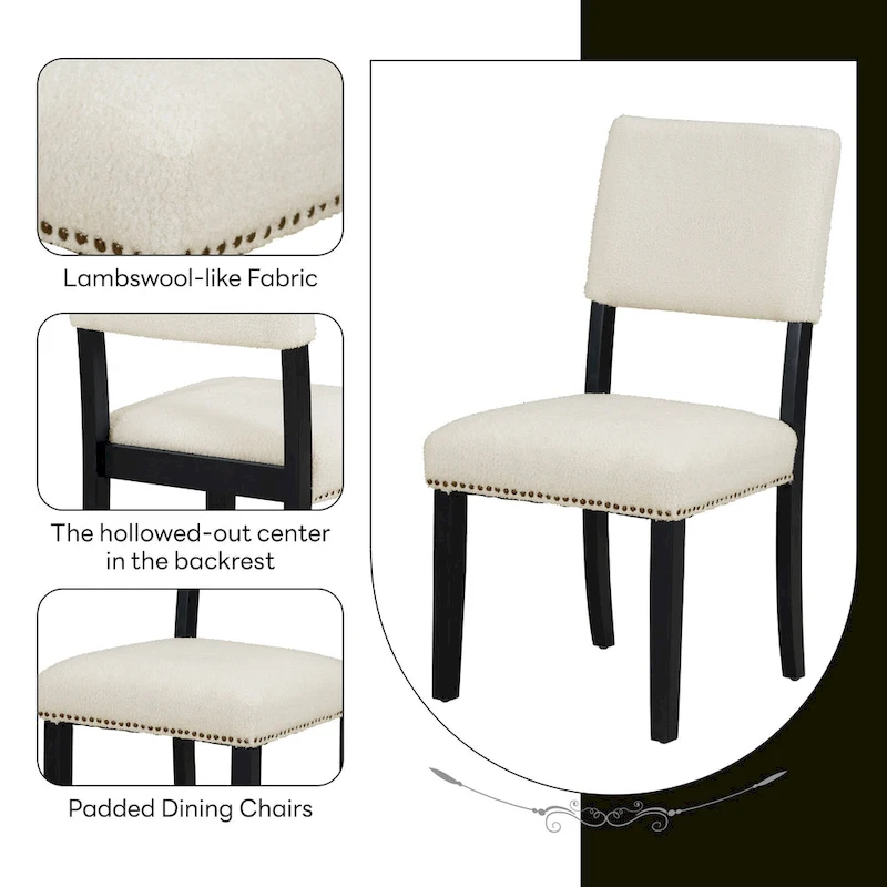 Farmhouse Style 5-Piece Wooden Dining Set with Round Table and 4 Lambswool-like Fabric Upholstered Chairs