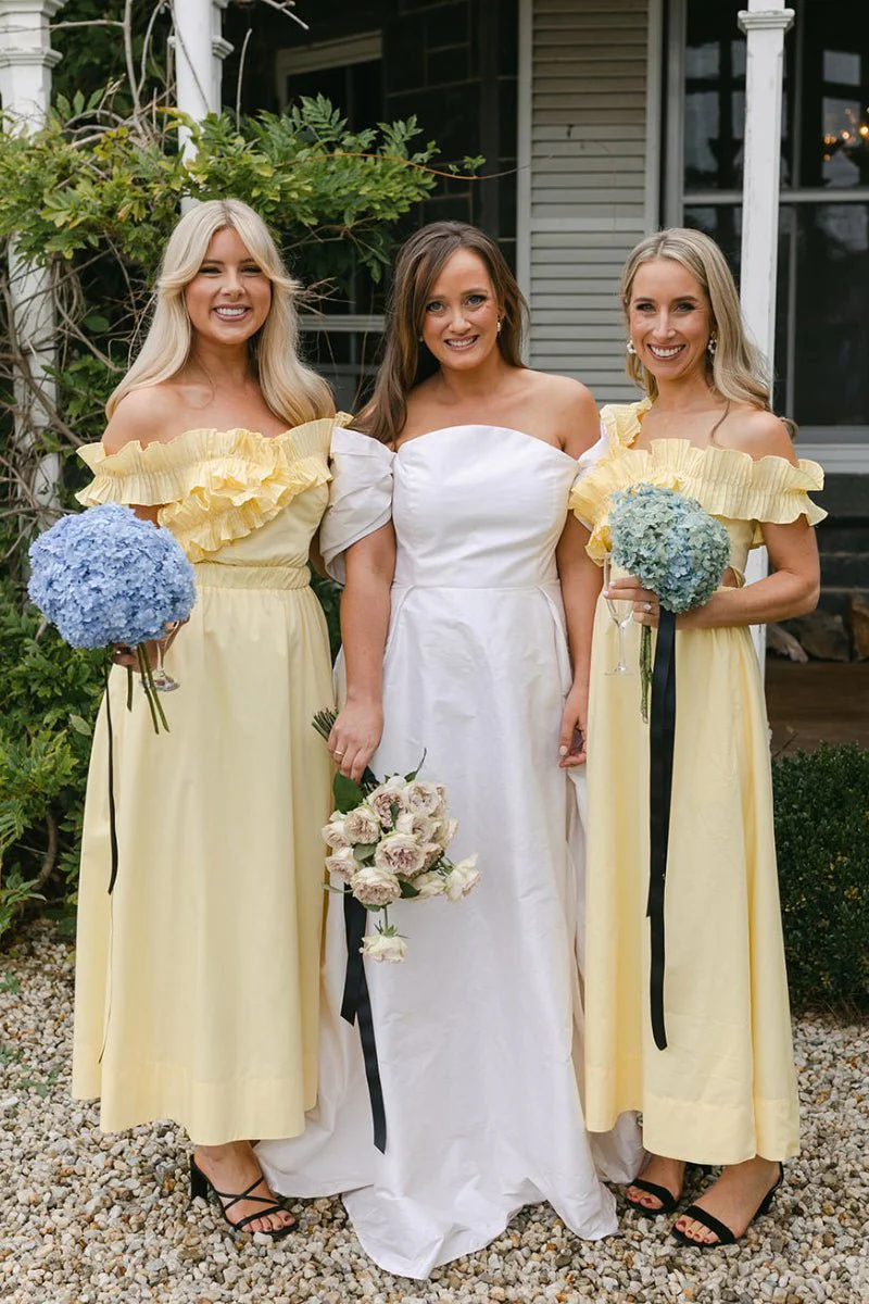 Yellow Off the Shoulder Ruffle Cotton Ankle Length Bridesmaid Dresses