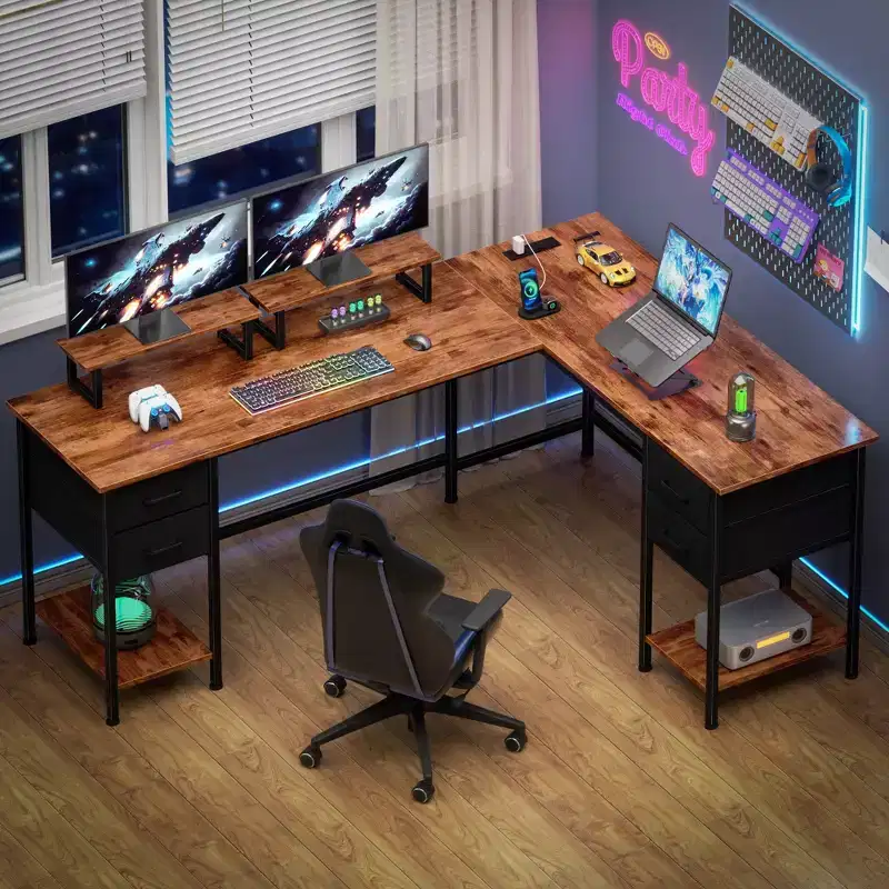 66 Inch Brown L Shaped Computer Desk with Charging Station 94.4 Inch Long Two Person Gaming Desk 4 Drawers 2 Monitor Stands Home Office Storage