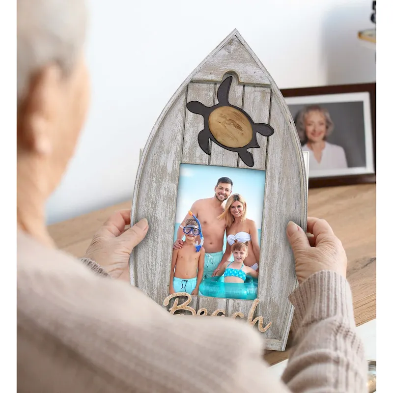 CoTa Global Grey Distressed Wood Coastal Sea Turtle Boat 3.5X5 Frame - 11 inches