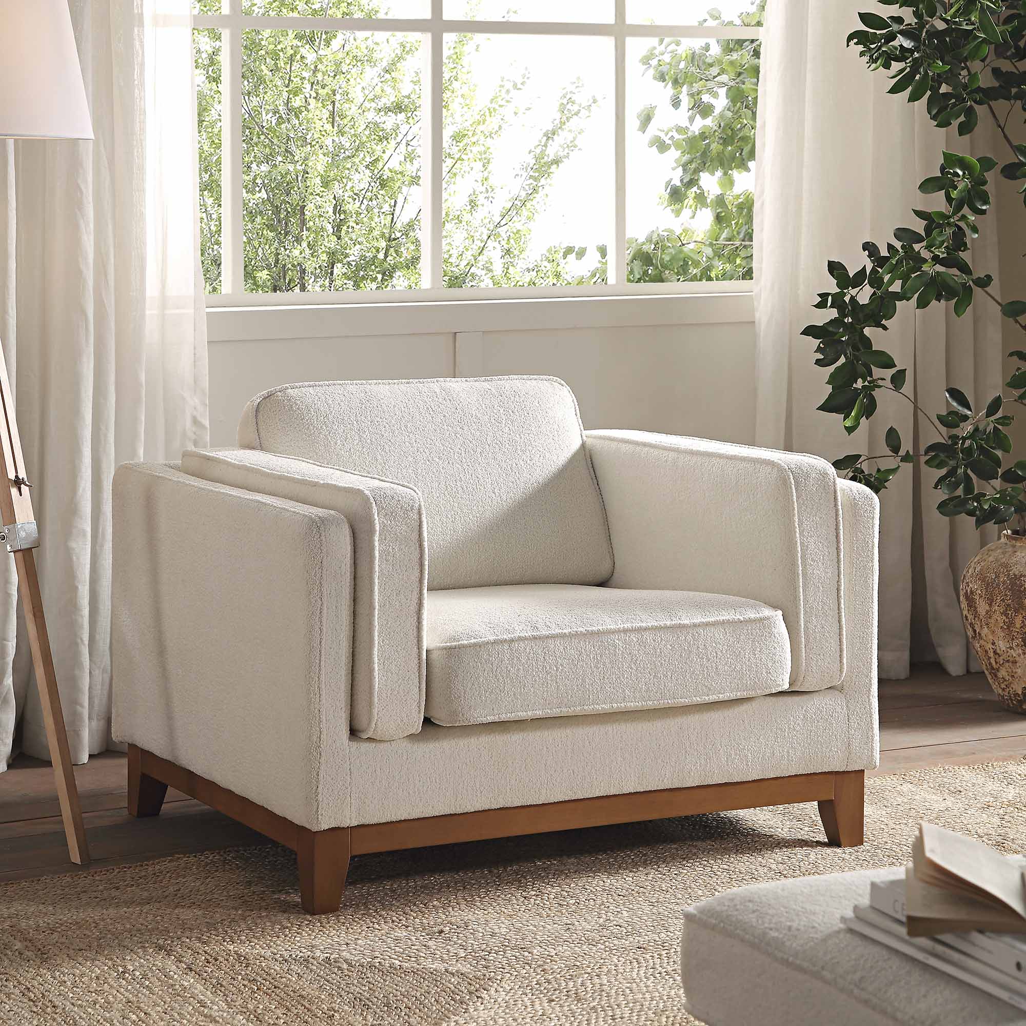 Beige Boucle Fabric Sofa, 1-Seater