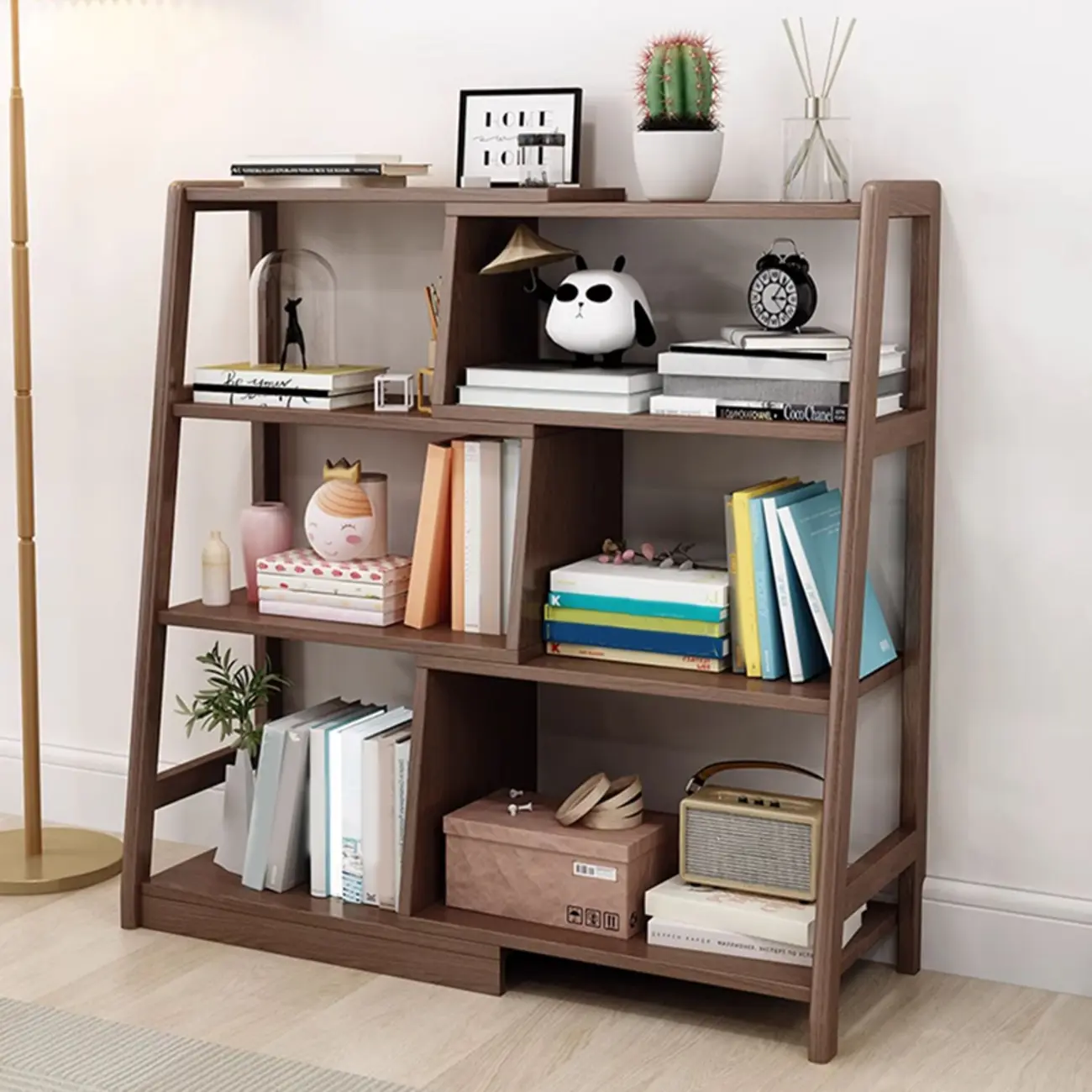 5-Tier Walnut Wooden Open Ladder Bookshelf