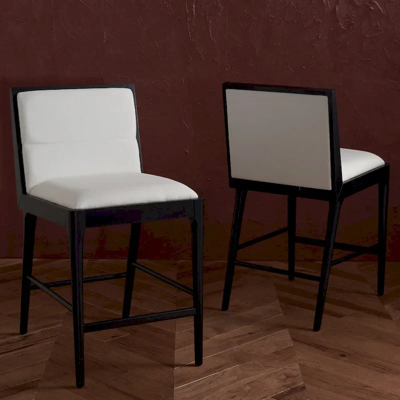 White Linen Counter Stool, Tufted, Set of 2