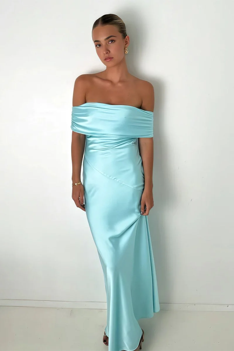 Aqua Sheath Off The Shoulder Satin Long Prom Dresses