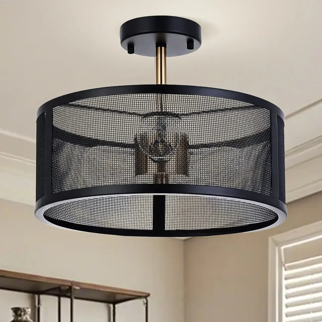 Modern Black Metal Hollow Cylinder Semi Flush Ceiling Light