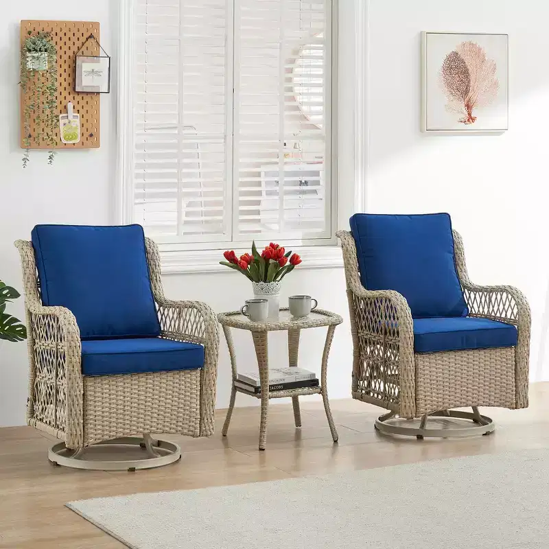 3 Piece Outdoor Patio Set, Wicker Rocking Bistro Set with 2 Swivel Chairs & Tempered Glass Top Table