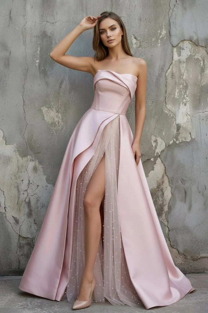 Sleeveless Satin A-Line Floor-Length Evening Gown Slit with Tulle Strapless Prom Dress