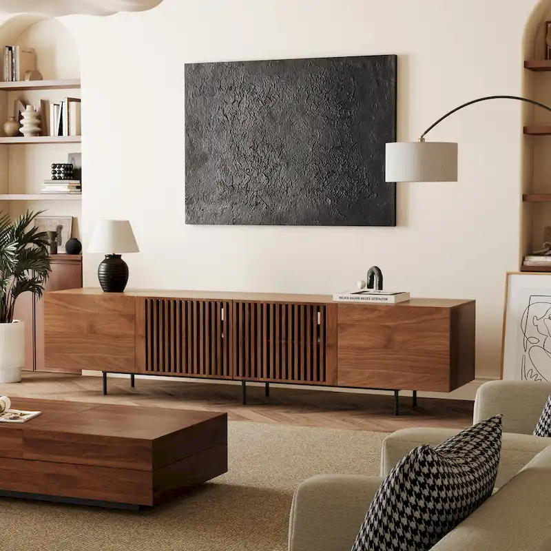 Stylish mid-century modern TV stand for up to 80 TVs. Ample storage for media devices, cable management. easy assembly.