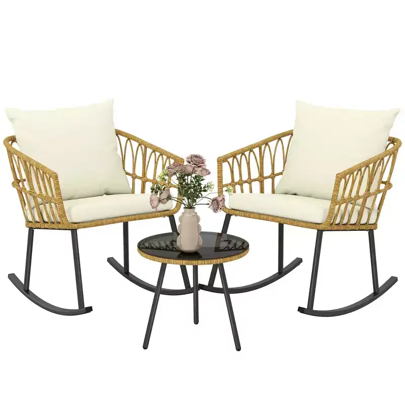 Outsunny Cushioned 3 Piece Patio Rocking Chair Patio Set, Glass Top Coffee Table Wicker Bistro Set, Cream White