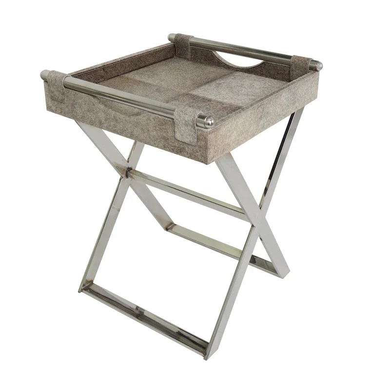 Leather Tray Table Side End Accent Table with Diagonal Silver Legs and Handles - Grey