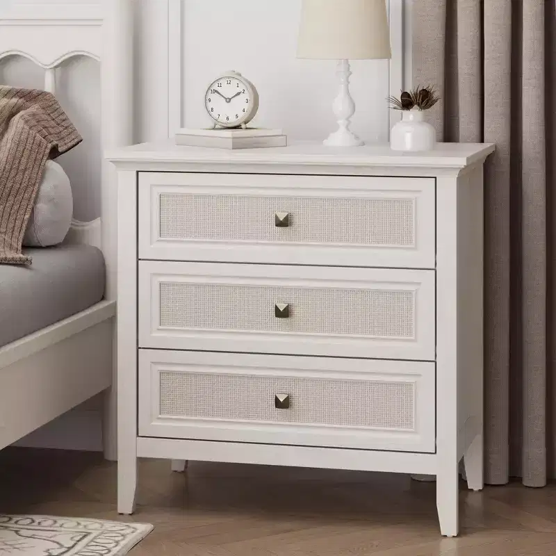 Heynemo Dresser for Bedroom, Boho Tall Dresser with 3 Rattan Decorated Drawers, Modern Wood Chest of Drawers for Closet, Entryway